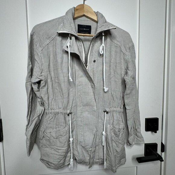 Lucky Brand Womens Striped Utility Jacket With Drawstring Waist Front Pockets SM - Picture 1 of 4